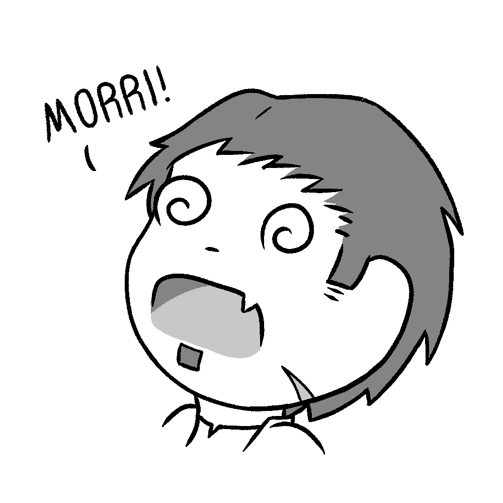 A imagem mostra um desenho com traço chibi (simplificado de aspecto fofinho) em preto e branco do protagonista tonto e atordoado. Logo acima um balão com a fala "Morri!"